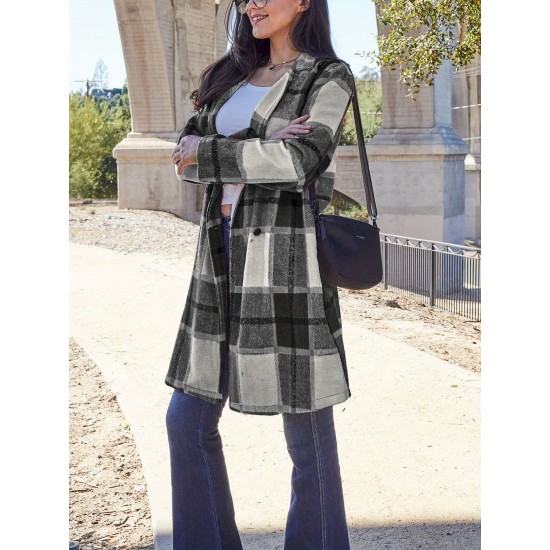 Chic Women's Plaid Long Coat - Double-Breasted, Lapel Collar with Full-Length Sleeves | Warm & Cozy for Fall/Winter | Machine Washable Chic Women's Plaid Long Coat - Double-Breasted, Lapel Collar with Full-Length Sleeves | Warm & Cozy for Fall/Winter | Machine Washable