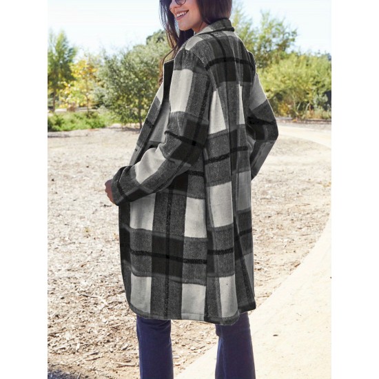 Chic Women's Plaid Long Coat - Double-Breasted, Lapel Collar with Full-Length Sleeves | Warm & Cozy for Fall/Winter | Machine Washable Chic Women's Plaid Long Coat - Double-Breasted, Lapel Collar with Full-Length Sleeves | Warm & Cozy for Fall/Winter | Machine Washable