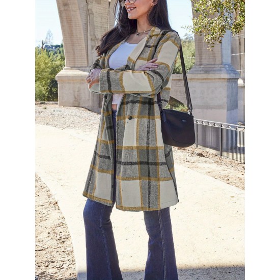 Chic Women's Plaid Long Coat - Double-Breasted, Lapel Collar with Full-Length Sleeves | Warm & Cozy for Fall/Winter | Machine Washable Chic Women's Plaid Long Coat - Double-Breasted, Lapel Collar with Full-Length Sleeves | Warm & Cozy for Fall/Winter | Machine Washable