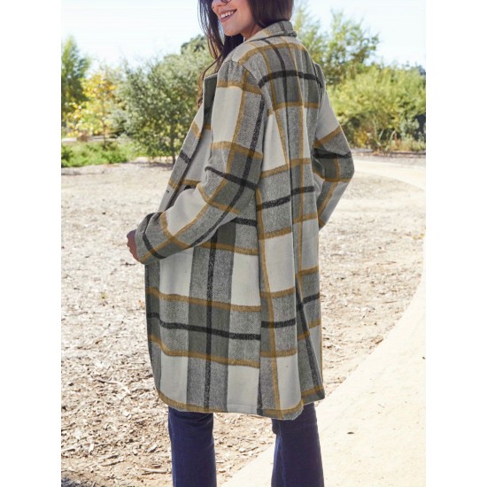 Chic Women's Plaid Long Coat - Double-Breasted, Lapel Collar with Full-Length Sleeves | Warm & Cozy for Fall/Winter | Machine Washable Chic Women's Plaid Long Coat - Double-Breasted, Lapel Collar with Full-Length Sleeves | Warm & Cozy for Fall/Winter | Machine Washable