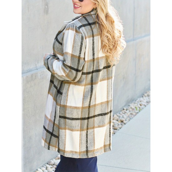 Chic Women's Plaid Long Coat - Double-Breasted, Lapel Collar with Full-Length Sleeves | Warm & Cozy for Fall/Winter | Machine Washable Chic Women's Plaid Long Coat - Double-Breasted, Lapel Collar with Full-Length Sleeves | Warm & Cozy for Fall/Winter | Machine Washable