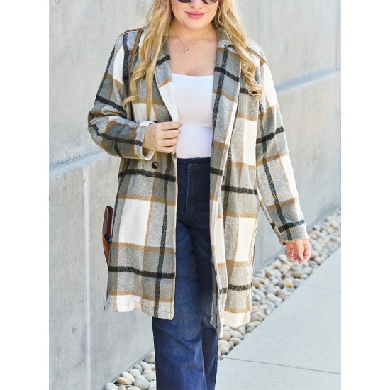 Chic Women's Plaid Long Coat - Double-Breasted, Lapel Collar with Full-Length Sleeves | Warm & Cozy for Fall/Winter | Machine Washable Chic Women's Plaid Long Coat - Double-Breasted, Lapel Collar with Full-Length Sleeves | Warm & Cozy for Fall/Winter | Machine Washable