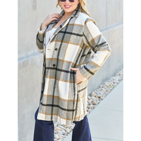 Chic Women's Plaid Long Coat - Double-Breasted, Lapel Collar with Full-Length Sleeves | Warm & Cozy for Fall/Winter | Machine Washable Chic Women's Plaid Long Coat - Double-Breasted, Lapel Collar with Full-Length Sleeves | Warm & Cozy for Fall/Winter | Machine Washable