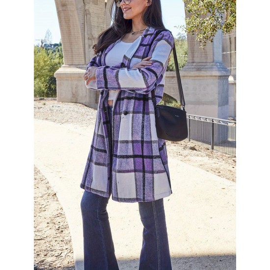 Chic Women's Plaid Long Coat - Double-Breasted, Lapel Collar with Full-Length Sleeves | Warm & Cozy for Fall/Winter | Machine Washable Chic Women's Plaid Long Coat - Double-Breasted, Lapel Collar with Full-Length Sleeves | Warm & Cozy for Fall/Winter | Machine Washable