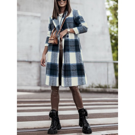 Chic Women's Plaid Long Coat - Double-Breasted, Lapel Collar with Full-Length Sleeves | Warm & Cozy for Fall/Winter | Machine Washable Chic Women's Plaid Long Coat - Double-Breasted, Lapel Collar with Full-Length Sleeves | Warm & Cozy for Fall/Winter | Machine Washable