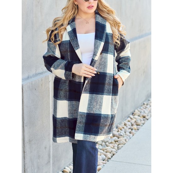 Chic Women's Plaid Long Coat - Double-Breasted, Lapel Collar with Full-Length Sleeves | Warm & Cozy for Fall/Winter | Machine Washable Chic Women's Plaid Long Coat - Double-Breasted, Lapel Collar with Full-Length Sleeves | Warm & Cozy for Fall/Winter | Machine Washable