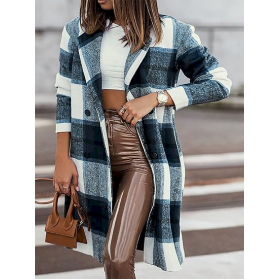 Chic Women's Plaid Long Coat - Double-Breasted, Lapel Collar with Full-Length Sleeves | Warm & Cozy for Fall/Winter | Machine Washable Chic Women's Plaid Long Coat - Double-Breasted, Lapel Collar with Full-Length Sleeves | Warm & Cozy for Fall/Winter | Machine Washable