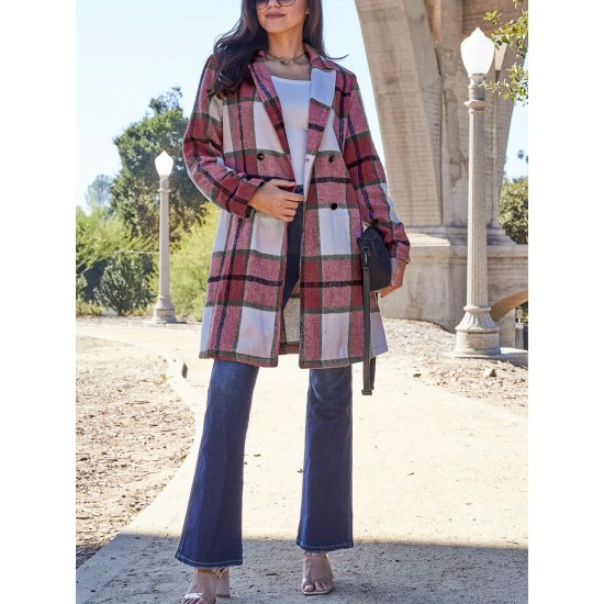 Chic Women's Plaid Long Coat - Double-Breasted, Lapel Collar with Full-Length Sleeves | Warm & Cozy for Fall/Winter | Machine Washable Chic Women's Plaid Long Coat - Double-Breasted, Lapel Collar with Full-Length Sleeves | Warm & Cozy for Fall/Winter | Machine Washable