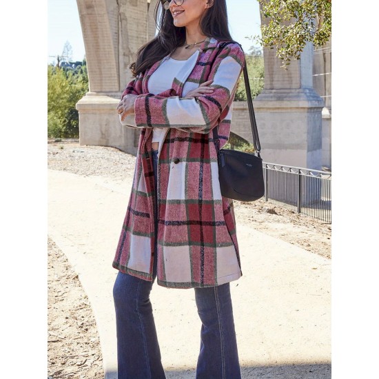 Chic Women's Plaid Long Coat - Double-Breasted, Lapel Collar with Full-Length Sleeves | Warm & Cozy for Fall/Winter | Machine Washable Chic Women's Plaid Long Coat - Double-Breasted, Lapel Collar with Full-Length Sleeves | Warm & Cozy for Fall/Winter | Machine Washable