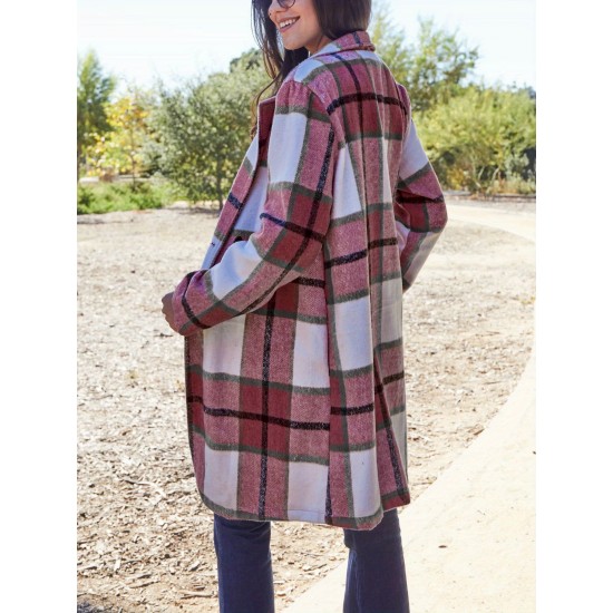 Chic Women's Plaid Long Coat - Double-Breasted, Lapel Collar with Full-Length Sleeves | Warm & Cozy for Fall/Winter | Machine Washable Chic Women's Plaid Long Coat - Double-Breasted, Lapel Collar with Full-Length Sleeves | Warm & Cozy for Fall/Winter | Machine Washable