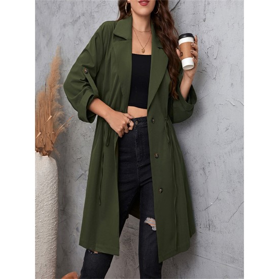 Elegant Plus Size Women's Jacket - Long Sleeve, Lapel Collar with Drawstring Waist, Button Closure - Machine Washable Fall Outerwear Elegant Plus Size Women's Jacket - Long Sleeve, Lapel Collar with Drawstring Waist, Button Closure - Machine Washable Fall Outerwear