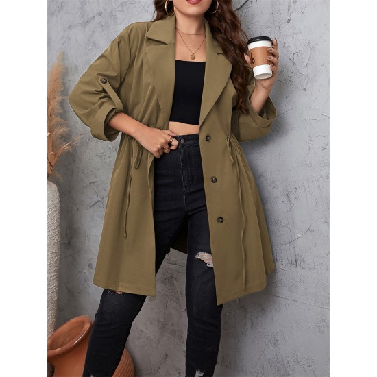 Elegant Plus Size Women's Jacket - Long Sleeve, Lapel Collar with Drawstring Waist, Button Closure - Machine Washable Fall Outerwear Elegant Plus Size Women's Jacket - Long Sleeve, Lapel Collar with Drawstring Waist, Button Closure - Machine Washable Fall Outerwear