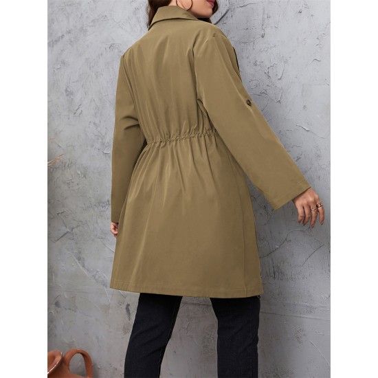 Elegant Plus Size Women's Jacket - Long Sleeve, Lapel Collar with Drawstring Waist, Button Closure - Machine Washable Fall Outerwear Elegant Plus Size Women's Jacket - Long Sleeve, Lapel Collar with Drawstring Waist, Button Closure - Machine Washable Fall Outerwear