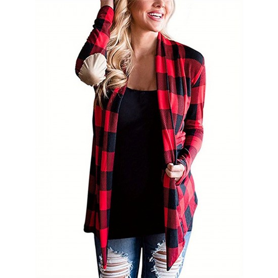Women Plus Size Plaid Cardigan Coats Casual Long Sleeve Asymmetric Open Front Elbow Patch Lapel Outwear Women Plus Size Plaid Cardigan Coats Casual Long Sleeve Asymmetric Open Front Elbow Patch Lapel Outwear