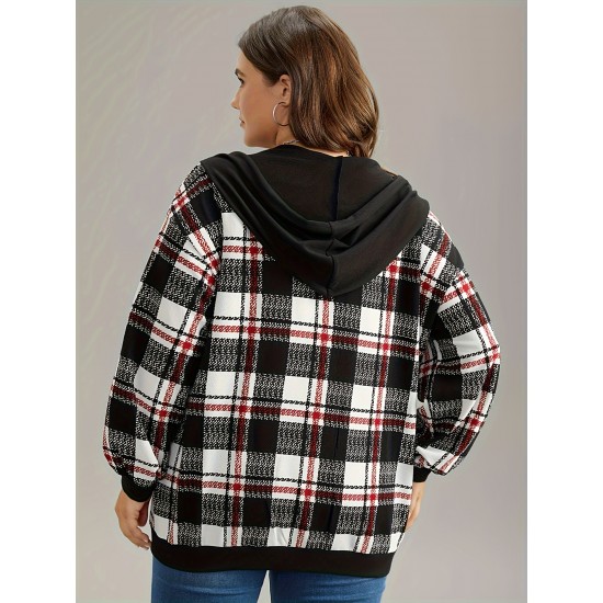 1pc Plus Size Women'S Casual Gingham Hooded Jacket - Polyester Blend, Slight Stretch, Woven Zip-Up Hoodie for Spring/Fall 1pc Plus Size Women'S Casual Gingham Hooded Jacket - Polyester Blend, Slight Stretch, Woven Zip-Up Hoodie for Spring/Fall