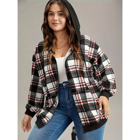 1pc Plus Size Women'S Casual Gingham Hooded Jacket - Polyester Blend, Slight Stretch, Woven Zip-Up Hoodie for Spring/Fall 1pc Plus Size Women'S Casual Gingham Hooded Jacket - Polyester Blend, Slight Stretch, Woven Zip-Up Hoodie for Spring/Fall