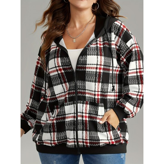 1pc Plus Size Women'S Casual Gingham Hooded Jacket - Polyester Blend, Slight Stretch, Woven Zip-Up Hoodie for Spring/Fall 1pc Plus Size Women'S Casual Gingham Hooded Jacket - Polyester Blend, Slight Stretch, Woven Zip-Up Hoodie for Spring/Fall