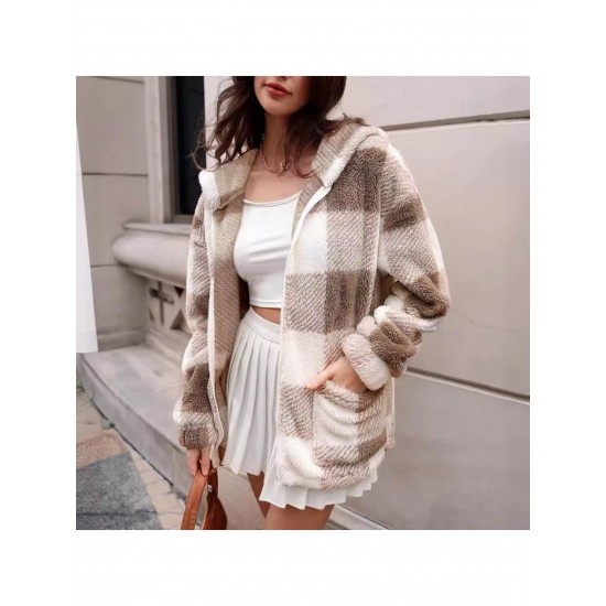 1pc Women'S Plus Size Plaid Hooded Jacket - Casual Polyester Knit Fabric with Pockets, Slight Stretch, Warm Fleece-Lined Outerwear for Fall/Winter 1pc Women'S Plus Size Plaid Hooded Jacket - Casual Polyester Knit Fabric with Pockets, Slight Stretch, Warm Fleece-Lined Outerwear for Fall/Winter