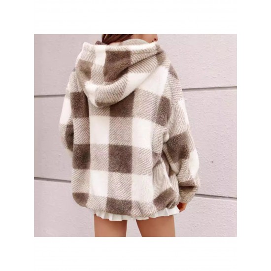 1pc Women'S Plus Size Plaid Hooded Jacket - Casual Polyester Knit Fabric with Pockets, Slight Stretch, Warm Fleece-Lined Outerwear for Fall/Winter 1pc Women'S Plus Size Plaid Hooded Jacket - Casual Polyester Knit Fabric with Pockets, Slight Stretch, Warm Fleece-Lined Outerwear for Fall/Winter