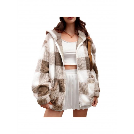 1pc Women'S Plus Size Plaid Hooded Jacket - Casual Polyester Knit Fabric with Pockets, Slight Stretch, Warm Fleece-Lined Outerwear for Fall/Winter 1pc Women'S Plus Size Plaid Hooded Jacket - Casual Polyester Knit Fabric with Pockets, Slight Stretch, Warm Fleece-Lined Outerwear for Fall/Winter