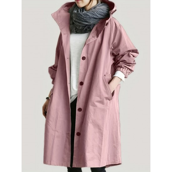 Casual Hooded Trench Coat for Women, Long Sleeve Polyester Blend Jacket with Button Closure, Slight Stretch Solid Color Coat with Pockets for Spring/Fall Casual Hooded Trench Coat for Women, Long Sleeve Polyester Blend Jacket with Button Closure, Slight Stretch Solid Color Coat with Pockets for Spring/Fall
