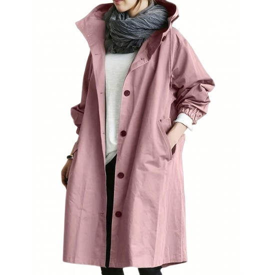 Casual Hooded Trench Coat for Women, Long Sleeve Polyester Blend Jacket with Button Closure, Slight Stretch Solid Color Coat with Pockets for Spring/Fall Casual Hooded Trench Coat for Women, Long Sleeve Polyester Blend Jacket with Button Closure, Slight Stretch Solid Color Coat with Pockets for Spring/Fall