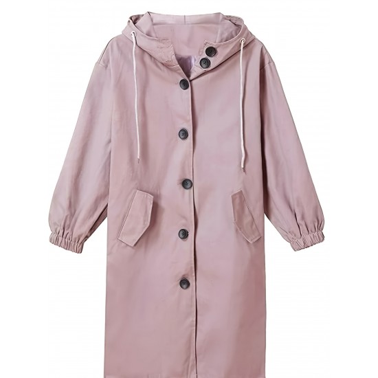 Casual Hooded Trench Coat for Women, Long Sleeve Polyester Blend Jacket with Button Closure, Slight Stretch Solid Color Coat with Pockets for Spring/Fall Casual Hooded Trench Coat for Women, Long Sleeve Polyester Blend Jacket with Button Closure, Slight Stretch Solid Color Coat with Pockets for Spring/Fall