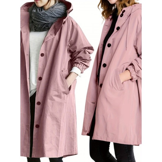 Casual Hooded Trench Coat for Women, Long Sleeve Polyester Blend Jacket with Button Closure, Slight Stretch Solid Color Coat with Pockets for Spring/Fall Casual Hooded Trench Coat for Women, Long Sleeve Polyester Blend Jacket with Button Closure, Slight Stretch Solid Color Coat with Pockets for Spring/Fall