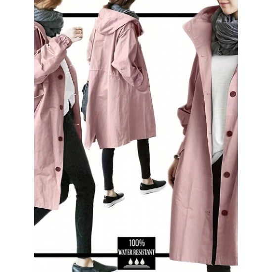 Casual Hooded Trench Coat for Women, Long Sleeve Polyester Blend Jacket with Button Closure, Slight Stretch Solid Color Coat with Pockets for Spring/Fall Casual Hooded Trench Coat for Women, Long Sleeve Polyester Blend Jacket with Button Closure, Slight Stretch Solid Color Coat with Pockets for Spring/Fall