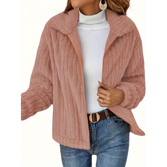 Women's Plus Size Teddy Fleece Coat - Warm And Cozy Long Sleeve Jacket With Ribbed Detail And Lapel Collar Women's Plus Size Teddy Fleece Coat - Warm And Cozy Long Sleeve Jacket With Ribbed Detail And Lapel Collar