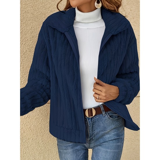 Women's Plus Size Teddy Fleece Coat - Warm And Cozy Long Sleeve Jacket With Ribbed Detail And Lapel Collar Women's Plus Size Teddy Fleece Coat - Warm And Cozy Long Sleeve Jacket With Ribbed Detail And Lapel Collar