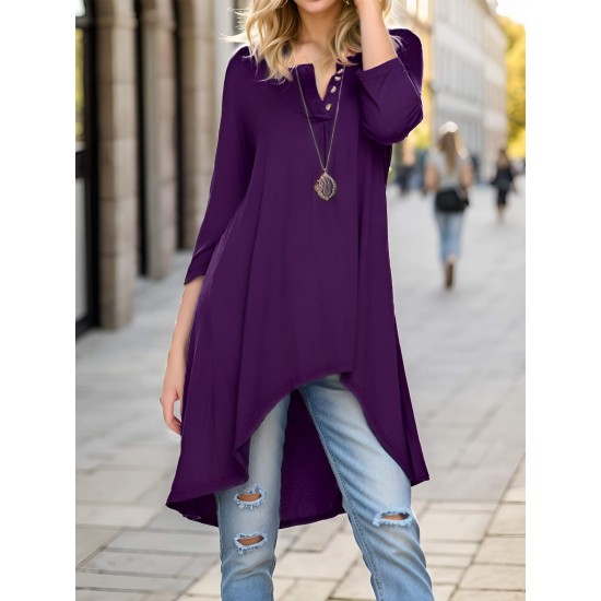 Plus Size Women's Casual Tunic Top - Button-Up Crew Neck, 3/4 Sleeve, Stretchy Polyester Blend, Machine Washable Plus Size Women's Casual Tunic Top - Button-Up Crew Neck, 3/4 Sleeve, Stretchy Polyester Blend, Machine Washable