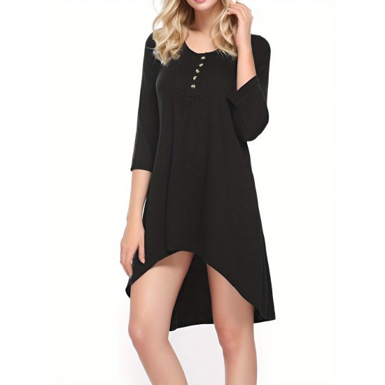Plus Size Women's Casual Tunic Top - Button-Up Crew Neck, 3/4 Sleeve, Stretchy Polyester Blend, Machine Washable Plus Size Women's Casual Tunic Top - Button-Up Crew Neck, 3/4 Sleeve, Stretchy Polyester Blend, Machine Washable