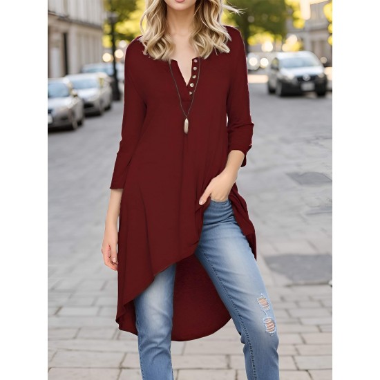 Plus Size Women's Casual Tunic Top - Button-Up Crew Neck, 3/4 Sleeve, Stretchy Polyester Blend, Machine Washable Plus Size Women's Casual Tunic Top - Button-Up Crew Neck, 3/4 Sleeve, Stretchy Polyester Blend, Machine Washable