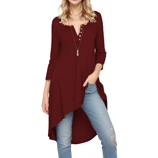 Plus Size Women's Casual Tunic Top - Button-Up Crew Neck, 3/4 Sleeve, Stretchy Polyester Blend, Machine Washable Plus Size Women's Casual Tunic Top - Button-Up Crew Neck, 3/4 Sleeve, Stretchy Polyester Blend, Machine Washable