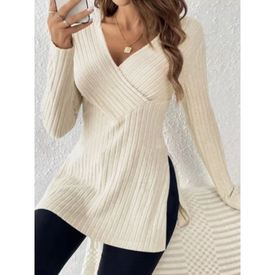 Elegant V-Neck Ribbed Knit Top for Women - Long Sleeve, Solid Color with Side Slit, Machine Washable - Perfect for Fall/Winter Elegant V-Neck Ribbed Knit Top for Women - Long Sleeve, Solid Color with Side Slit, Machine Washable - Perfect for Fall/Winter