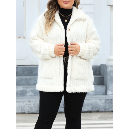 Plus Size Women'S Winter Jacket, Casual Lapel Collar, Cotton Blend, Slight Stretch, Solid Color, Reversible Plush Long Sleeve Cardigan Coat for Outwear Streetwear Plus Size Women'S Winter Jacket, Casual Lapel Collar, Cotton Blend, Slight Stretch, Solid Color, Reversible Plush Long Sleeve Cardigan Coat for Outwear Streetwear