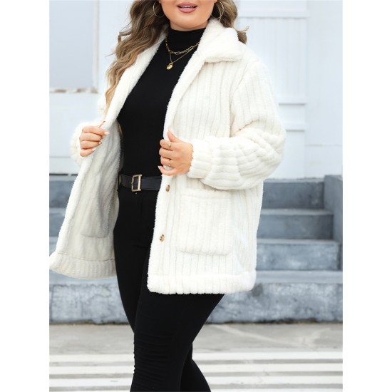 Plus Size Women'S Winter Jacket, Casual Lapel Collar, Cotton Blend, Slight Stretch, Solid Color, Reversible Plush Long Sleeve Cardigan Coat for Outwear Streetwear Plus Size Women'S Winter Jacket, Casual Lapel Collar, Cotton Blend, Slight Stretch, Solid Color, Reversible Plush Long Sleeve Cardigan Coat for Outwear Streetwear