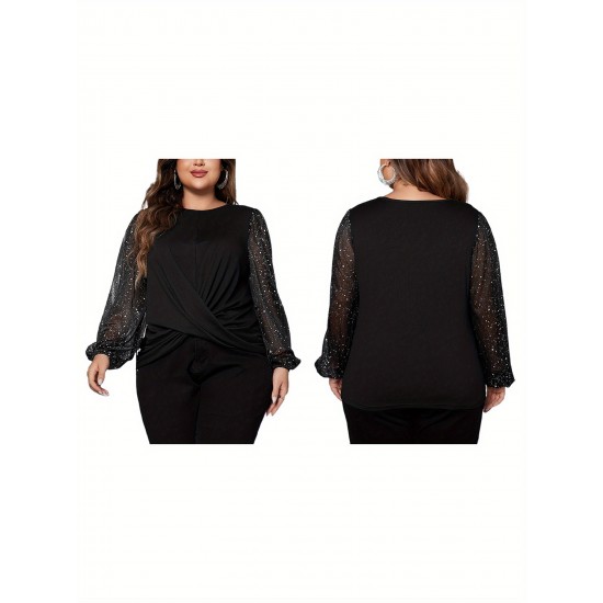 1pc Women'S Plus Size Casual Round Neck Long Sleeve Blouse with Cross Wrap Design, Polyester Fabric, Spring/Autumn Season, Basic Solid Color Top with Bubble Detail 1pc Women'S Plus Size Casual Round Neck Long Sleeve Blouse with Cross Wrap Design, Polyester Fabric, Spring/Autumn Season, Basic Solid Color Top with Bubble Detail