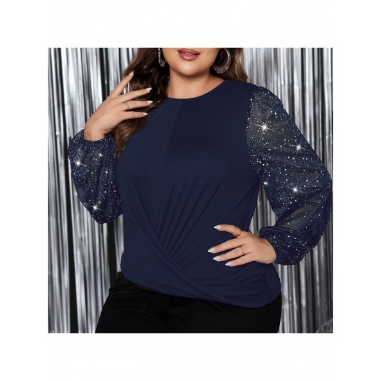 1pc Women'S Plus Size Casual Round Neck Long Sleeve Blouse with Cross Wrap Design, Polyester Fabric, Spring/Autumn Season, Basic Solid Color Top with Bubble Detail 1pc Women'S Plus Size Casual Round Neck Long Sleeve Blouse with Cross Wrap Design, Polyester Fabric, Spring/Autumn Season, Basic Solid Color Top with Bubble Detail
