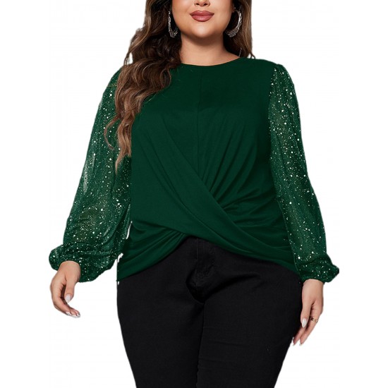 1pc Women'S Plus Size Casual Round Neck Long Sleeve Blouse with Cross Wrap Design, Polyester Fabric, Spring/Autumn Season, Basic Solid Color Top with Bubble Detail 1pc Women'S Plus Size Casual Round Neck Long Sleeve Blouse with Cross Wrap Design, Polyester Fabric, Spring/Autumn Season, Basic Solid Color Top with Bubble Detail