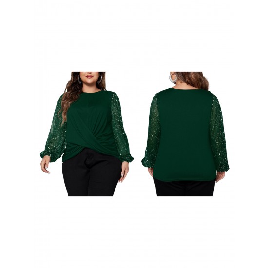 1pc Women'S Plus Size Casual Round Neck Long Sleeve Blouse with Cross Wrap Design, Polyester Fabric, Spring/Autumn Season, Basic Solid Color Top with Bubble Detail 1pc Women'S Plus Size Casual Round Neck Long Sleeve Blouse with Cross Wrap Design, Polyester Fabric, Spring/Autumn Season, Basic Solid Color Top with Bubble Detail