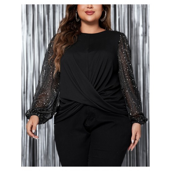 1pc Women'S Plus Size Casual Round Neck Long Sleeve Blouse with Cross Wrap Design, Polyester Fabric, Spring/Autumn Season, Basic Solid Color Top with Bubble Detail 1pc Women'S Plus Size Casual Round Neck Long Sleeve Blouse with Cross Wrap Design, Polyester Fabric, Spring/Autumn Season, Basic Solid Color Top with Bubble Detail
