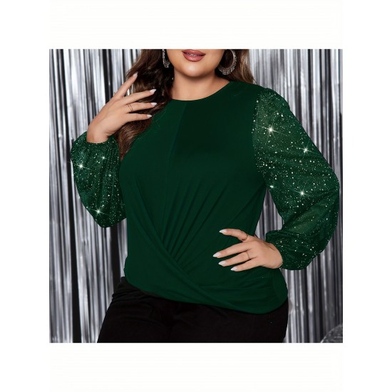 1pc Women'S Plus Size Casual Round Neck Long Sleeve Blouse with Cross Wrap Design, Polyester Fabric, Spring/Autumn Season, Basic Solid Color Top with Bubble Detail 1pc Women'S Plus Size Casual Round Neck Long Sleeve Blouse with Cross Wrap Design, Polyester Fabric, Spring/Autumn Season, Basic Solid Color Top with Bubble Detail