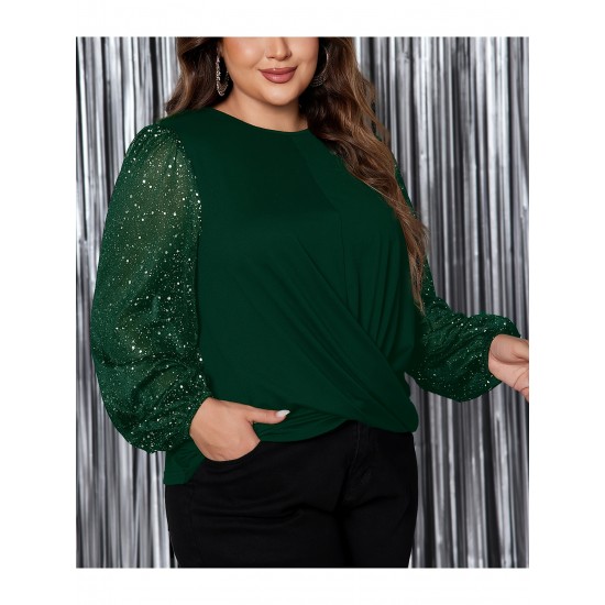 1pc Women'S Plus Size Casual Round Neck Long Sleeve Blouse with Cross Wrap Design, Polyester Fabric, Spring/Autumn Season, Basic Solid Color Top with Bubble Detail 1pc Women'S Plus Size Casual Round Neck Long Sleeve Blouse with Cross Wrap Design, Polyester Fabric, Spring/Autumn Season, Basic Solid Color Top with Bubble Detail