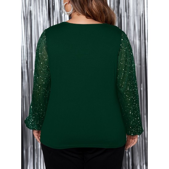 1pc Women'S Plus Size Casual Round Neck Long Sleeve Blouse with Cross Wrap Design, Polyester Fabric, Spring/Autumn Season, Basic Solid Color Top with Bubble Detail 1pc Women'S Plus Size Casual Round Neck Long Sleeve Blouse with Cross Wrap Design, Polyester Fabric, Spring/Autumn Season, Basic Solid Color Top with Bubble Detail