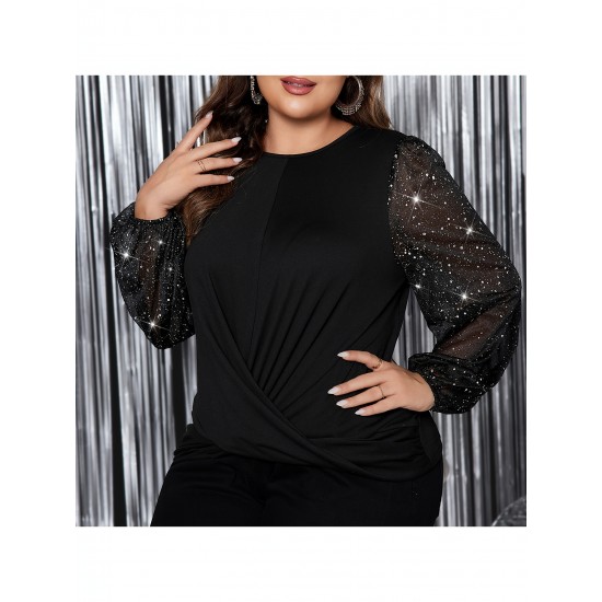 1pc Women'S Plus Size Casual Round Neck Long Sleeve Blouse with Cross Wrap Design, Polyester Fabric, Spring/Autumn Season, Basic Solid Color Top with Bubble Detail 1pc Women'S Plus Size Casual Round Neck Long Sleeve Blouse with Cross Wrap Design, Polyester Fabric, Spring/Autumn Season, Basic Solid Color Top with Bubble Detail