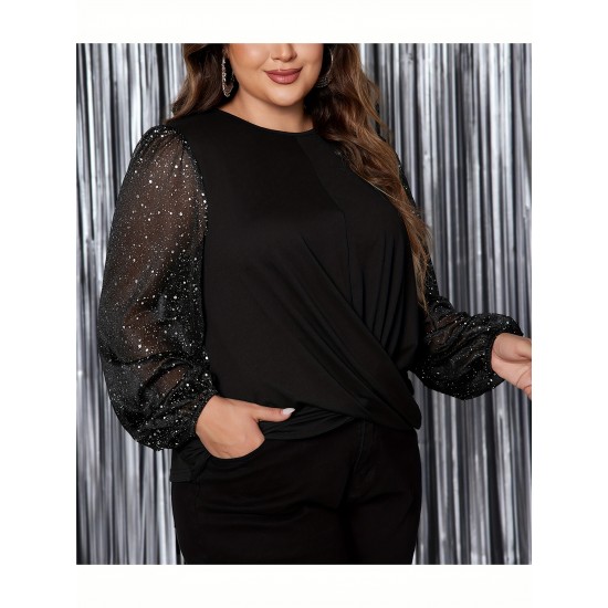 1pc Women'S Plus Size Casual Round Neck Long Sleeve Blouse with Cross Wrap Design, Polyester Fabric, Spring/Autumn Season, Basic Solid Color Top with Bubble Detail 1pc Women'S Plus Size Casual Round Neck Long Sleeve Blouse with Cross Wrap Design, Polyester Fabric, Spring/Autumn Season, Basic Solid Color Top with Bubble Detail