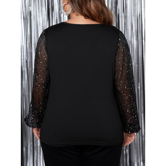 1pc Women'S Plus Size Casual Round Neck Long Sleeve Blouse with Cross Wrap Design, Polyester Fabric, Spring/Autumn Season, Basic Solid Color Top with Bubble Detail 1pc Women'S Plus Size Casual Round Neck Long Sleeve Blouse with Cross Wrap Design, Polyester Fabric, Spring/Autumn Season, Basic Solid Color Top with Bubble Detail