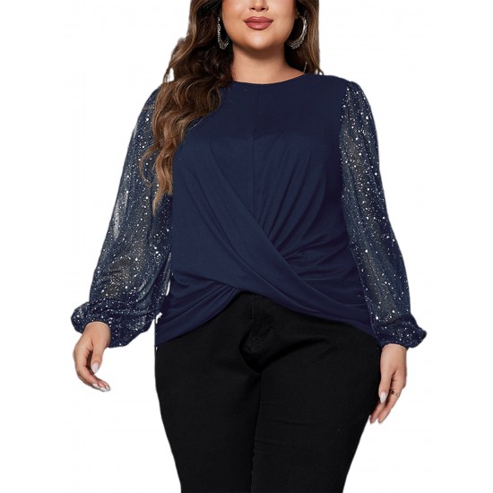 1pc Women'S Plus Size Casual Round Neck Long Sleeve Blouse with Cross Wrap Design, Polyester Fabric, Spring/Autumn Season, Basic Solid Color Top with Bubble Detail 1pc Women'S Plus Size Casual Round Neck Long Sleeve Blouse with Cross Wrap Design, Polyester Fabric, Spring/Autumn Season, Basic Solid Color Top with Bubble Detail